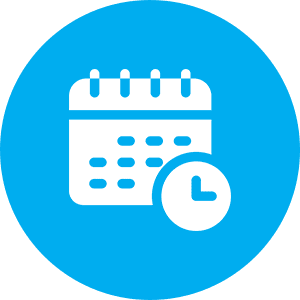 Calendar and clock icon on blue background.